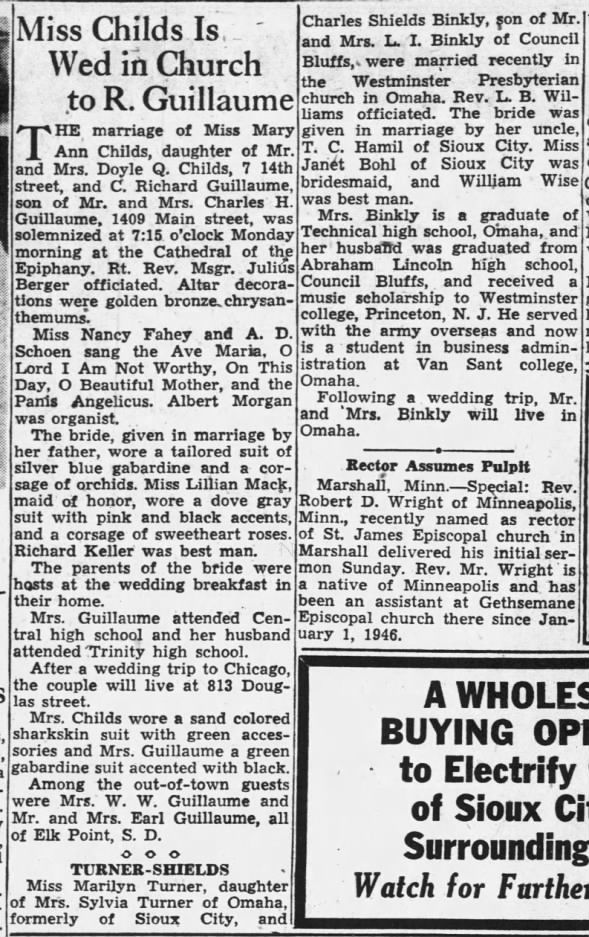 Turner-Binkly Wedding Sioux City Journal (Sioux City, Iowa), 05 Oct 1948, Tue., Page 9